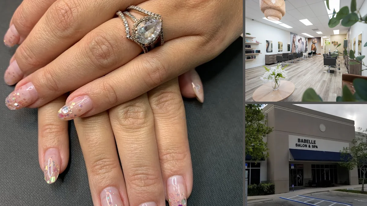 Hair styling station with tools and product shelves